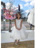 Beaded White 3D Flowers Tulle Tiered Flower Girl Dress